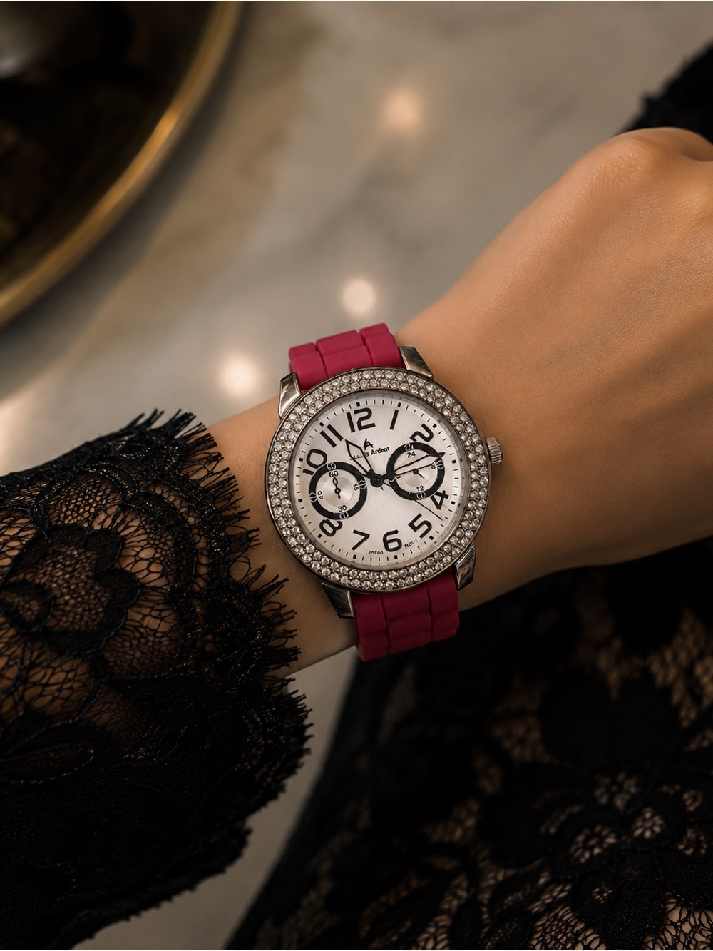Crystal Bezel Louis Arden Women's Watch with Pink Silicone Strap